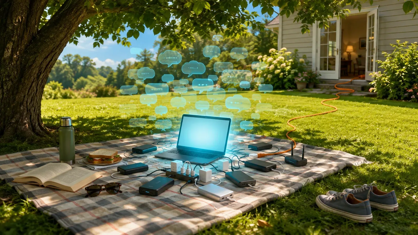 A supposedly relaxing picnic overtaken by a glowing laptop, chat bubbles, battery packs, and an extension cord running back to the house.