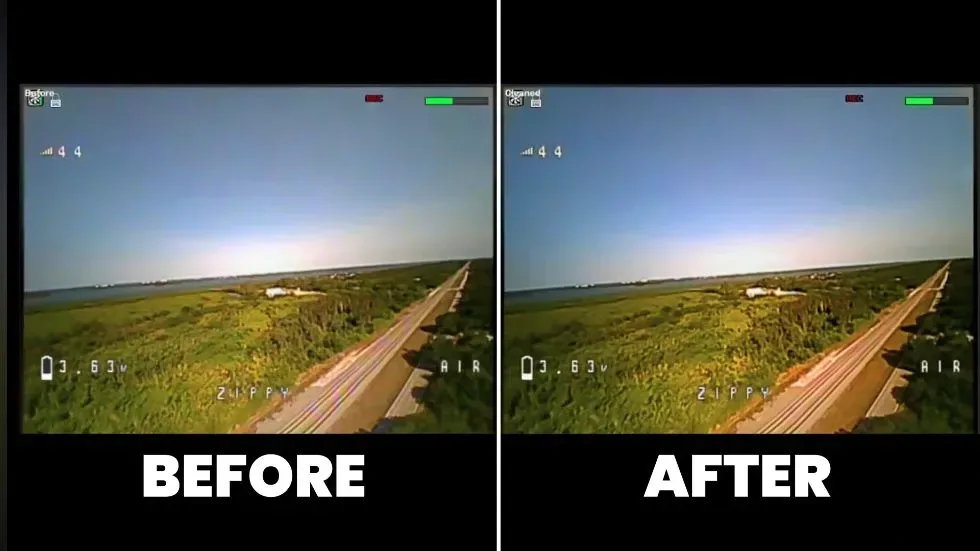 Chase Momo’s before-and-after comparison of the same FPV flight, with original footage on the left and cleaned footage on the right.