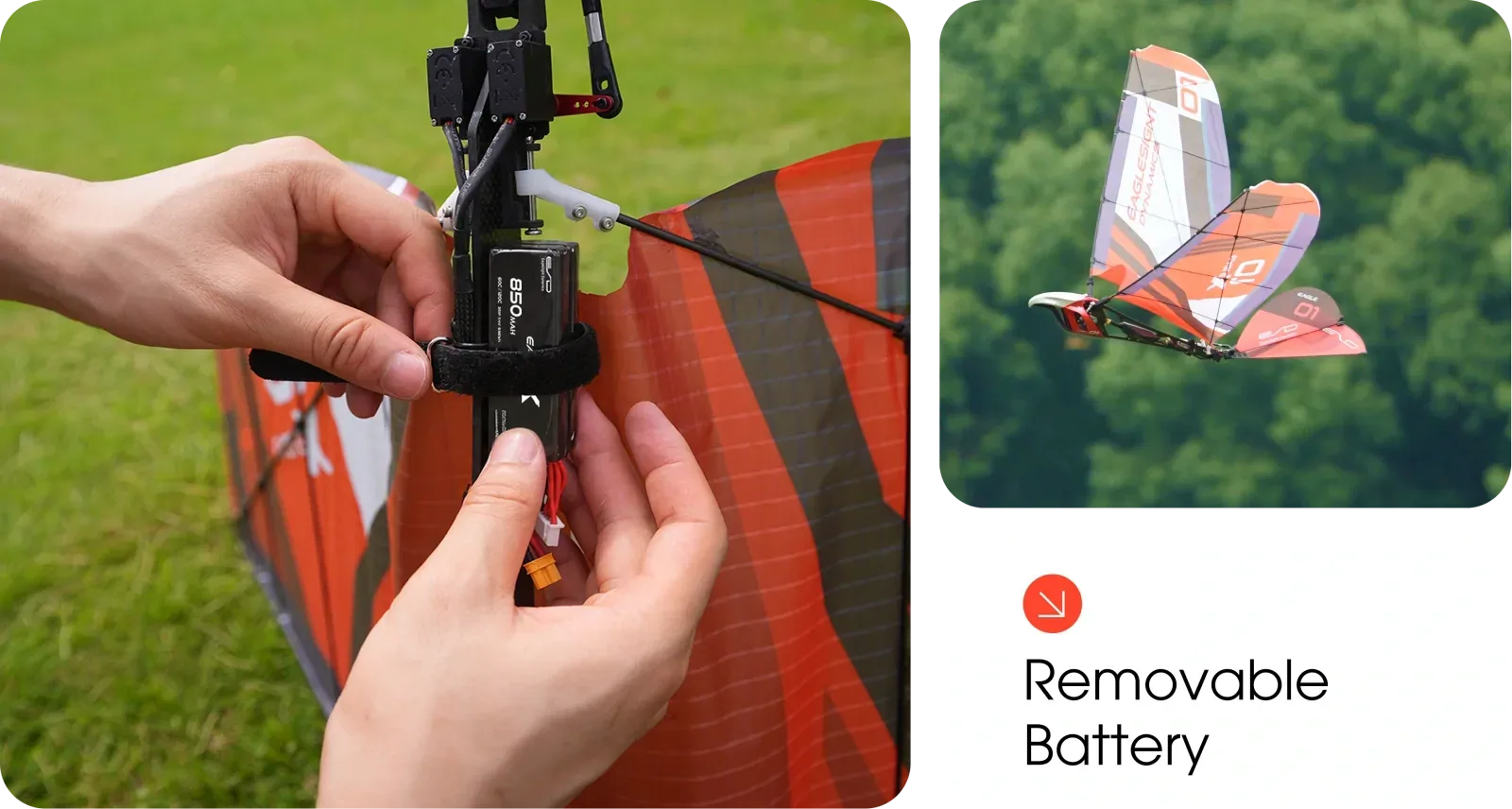 Manufacturer graphic showing hands securing a removable battery to the Eagle X frame, alongside a flight image.