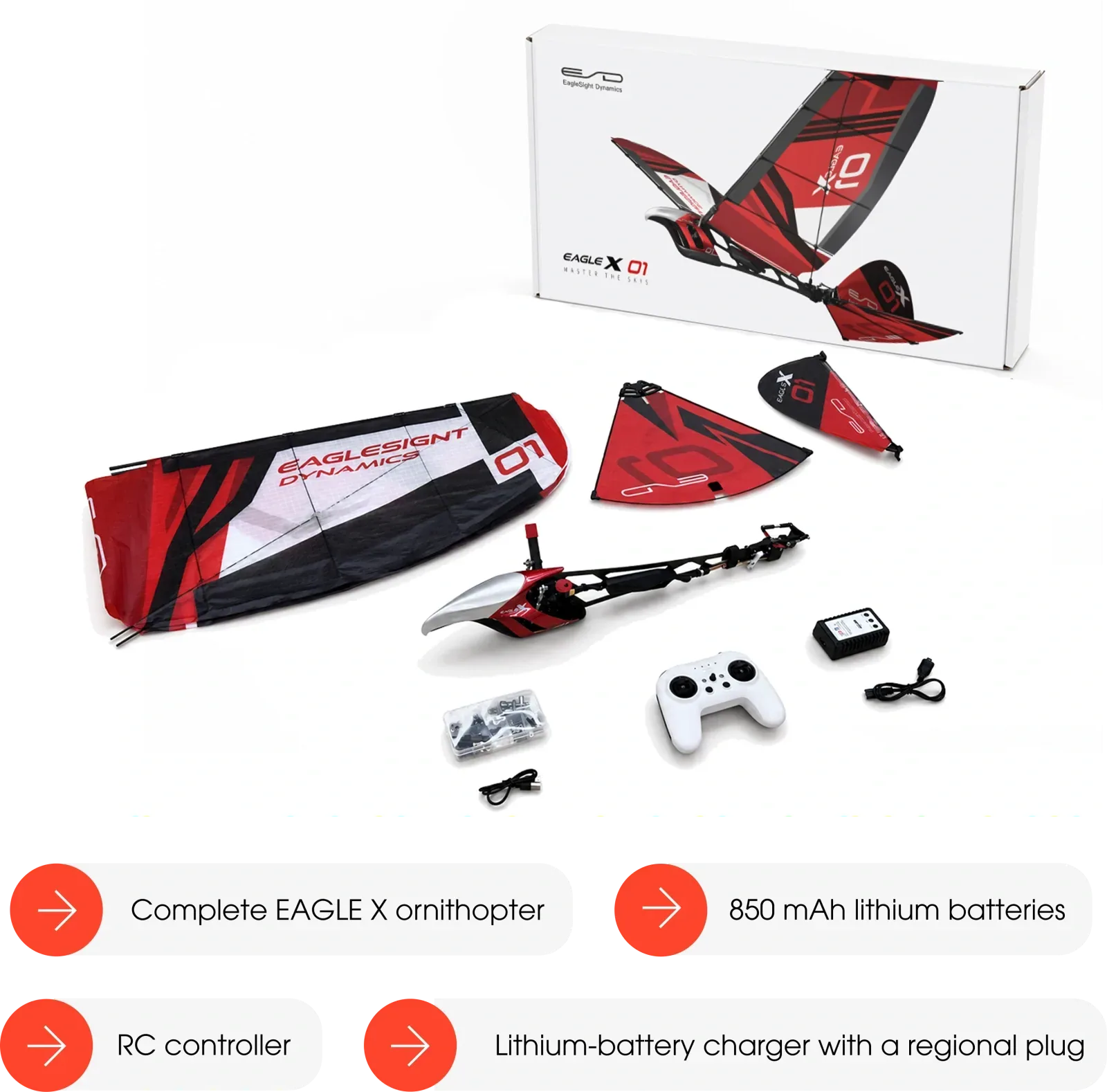 Manufacturer kit layout showing the box, detached wing and tail pieces, fuselage, controller, charger, cables, and small parts.