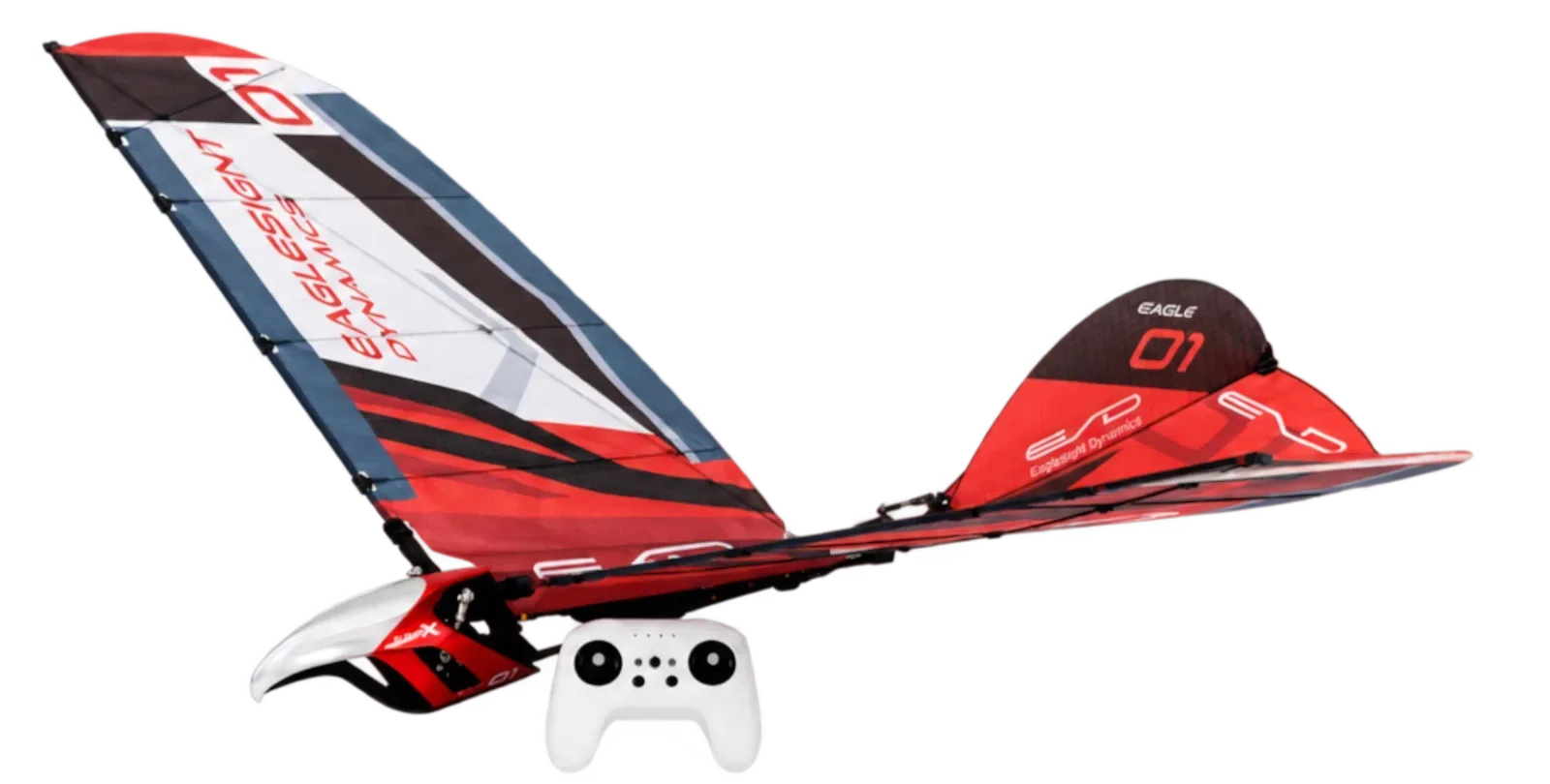 Manufacturer product image of the red Eagle X with raised membrane wings, silver beak-shaped nose, long frame, rear tail, and separate controller.