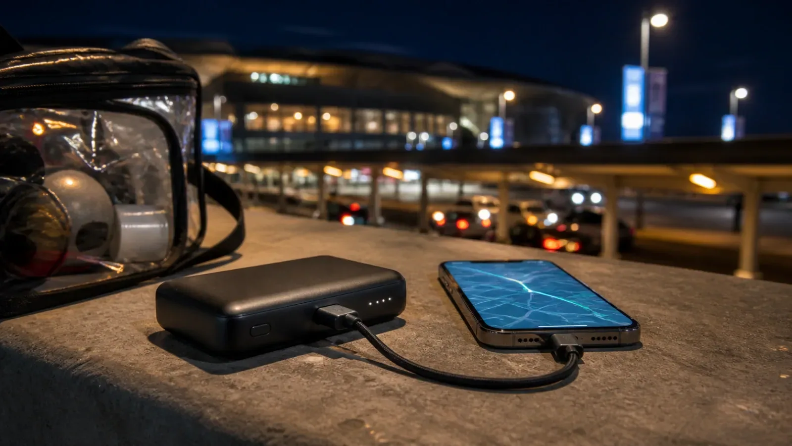 Generic compact wired power bank charging a phone near an event rideshare pickup area.