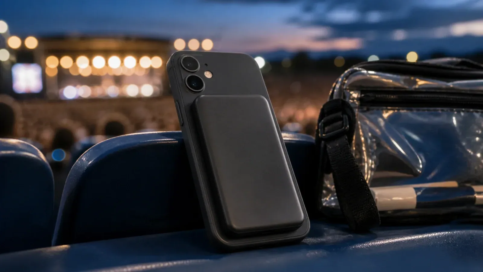 Generic slim magnetic battery attached to a phone on a stadium seat beside a clear event bag.