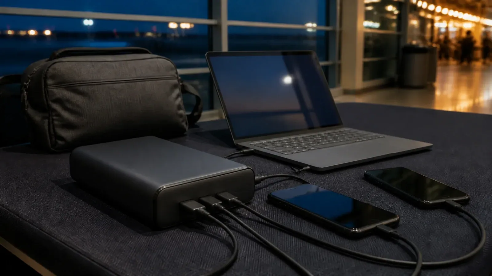 Generic large power bank charging a laptop and two phones on an airport bench.