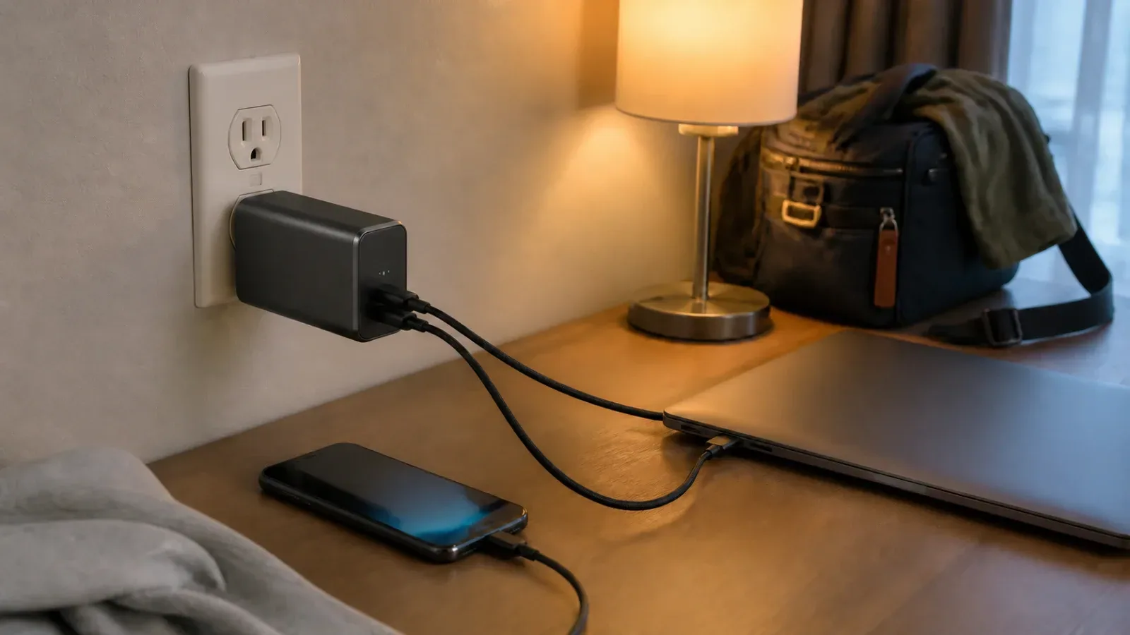 Generic charger-and-battery hybrid plugged into a hotel outlet and charging a phone and laptop.