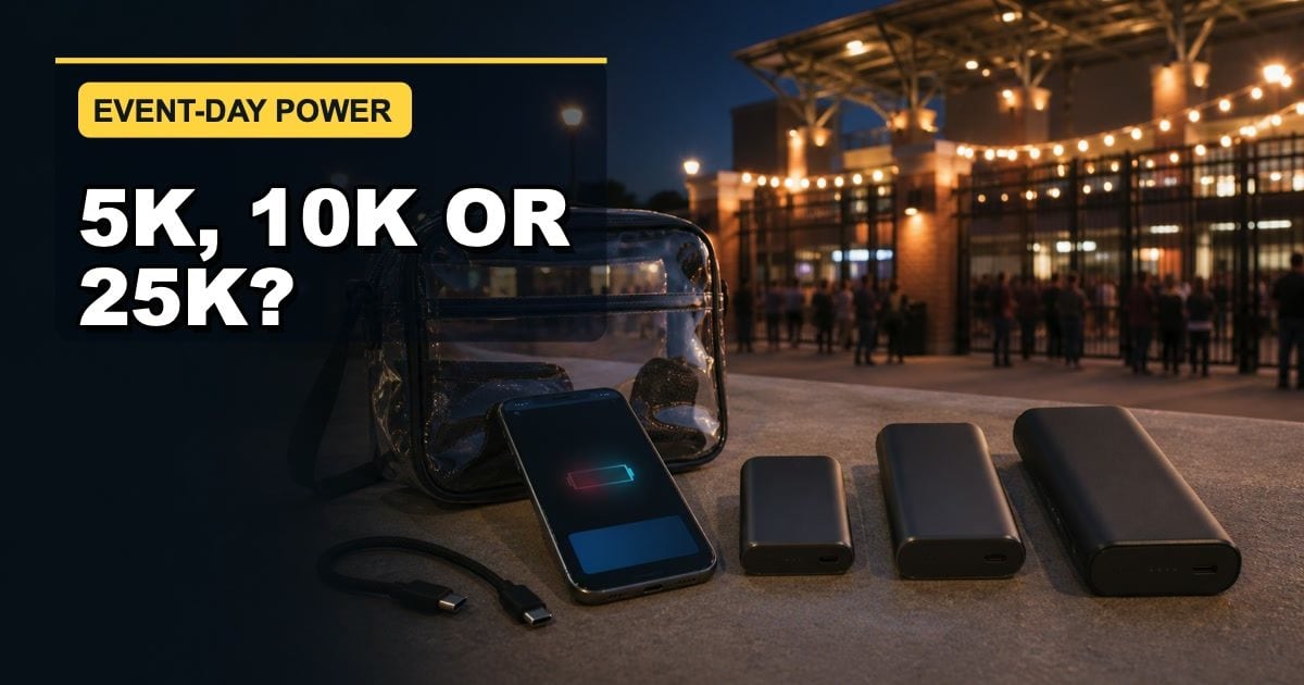 Decision guide mapping a comfortable battery reserve to buying nothing, an emergency top-up to 5K, a low battery before the ride home to 10K, and laptop or group charging to 20K or 25K.