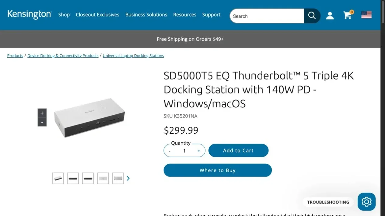 Kensington’s website showing the SD5000T5 EQ Thunderbolt 5 dock and its listed price.