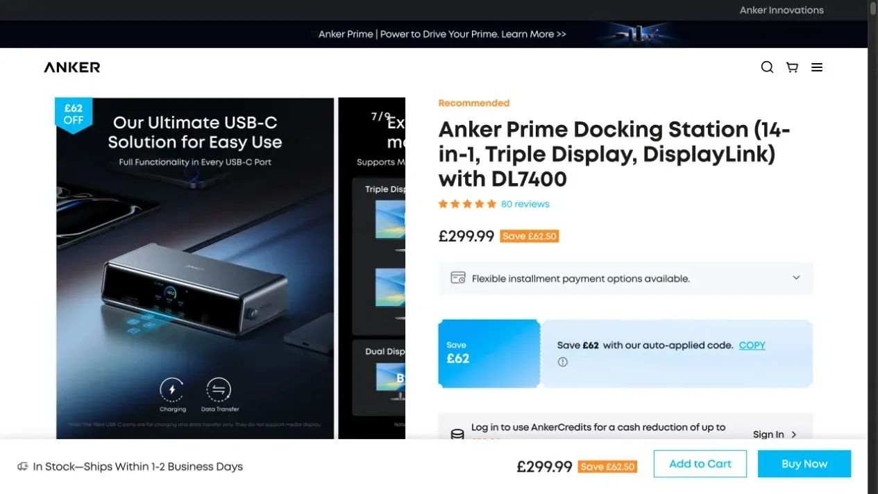 Anker’s UK product website showing the A83B3 docking station and its product title.