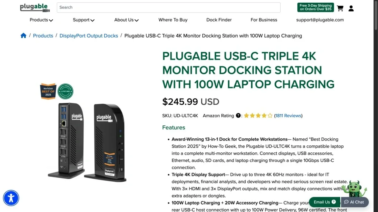 Plugable’s product website showing the UD-ULTC4K docking station, model identification, and listed price.