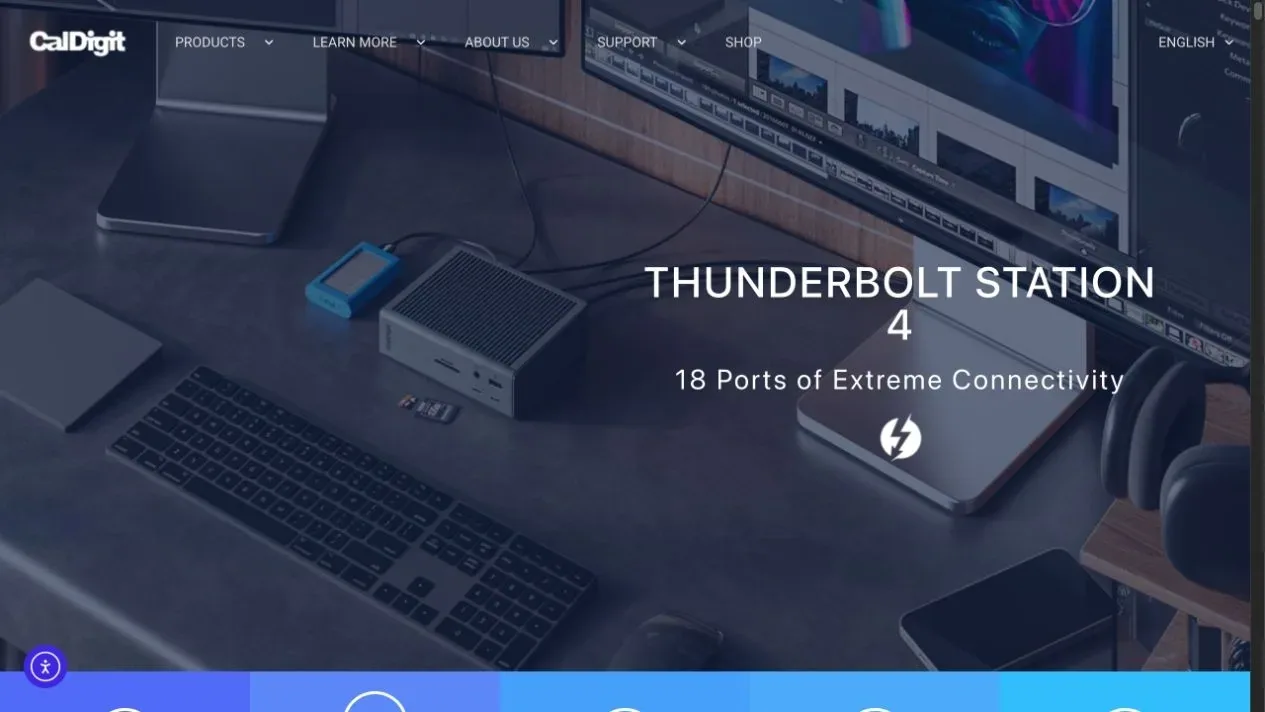 CalDigit’s Thunderbolt Station 4 website showing the TS4 in a manufacturer desk scene.
