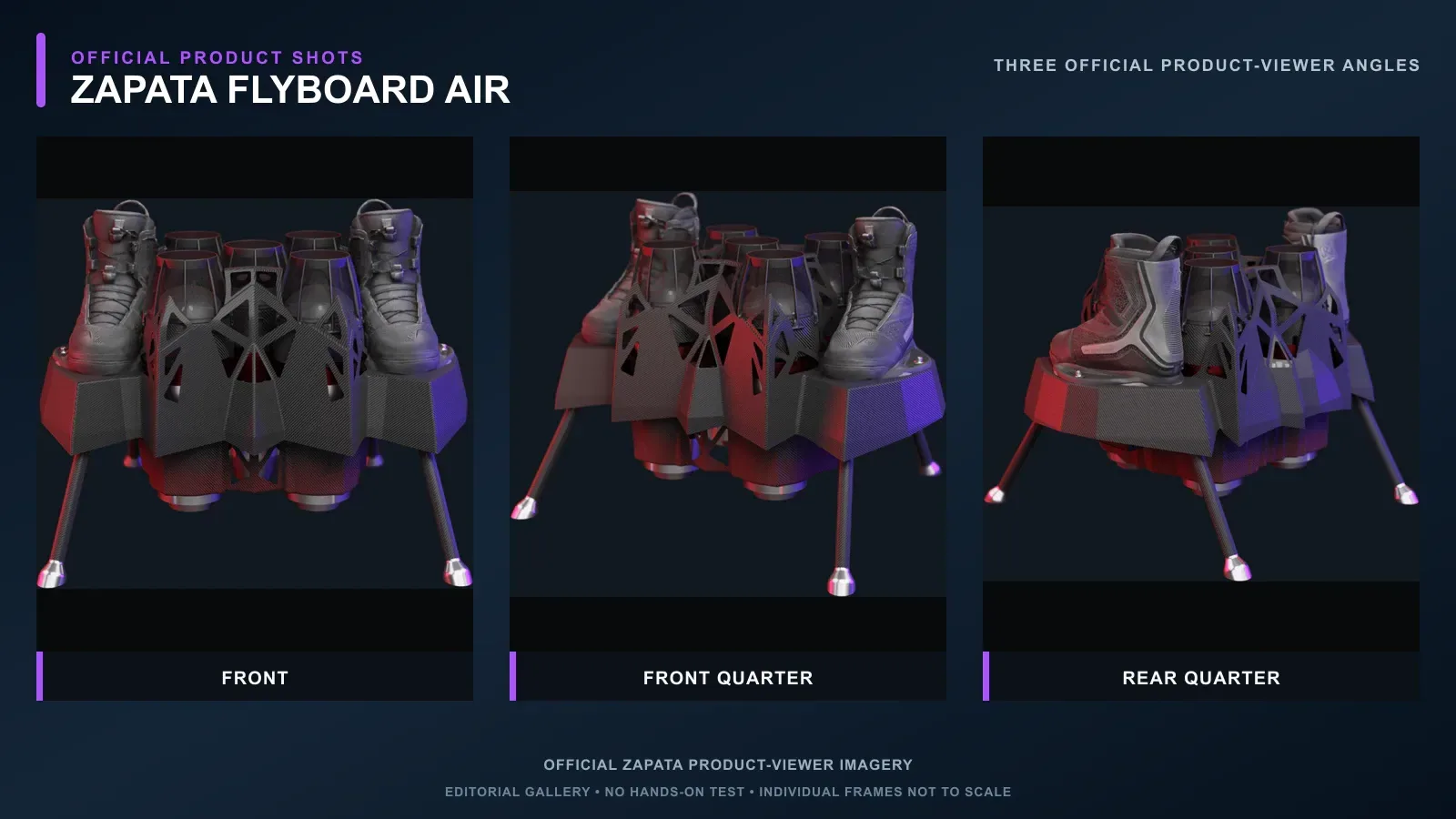 Three official Zapata product-viewer angles showing the front and rear structure of Flyboard Air.