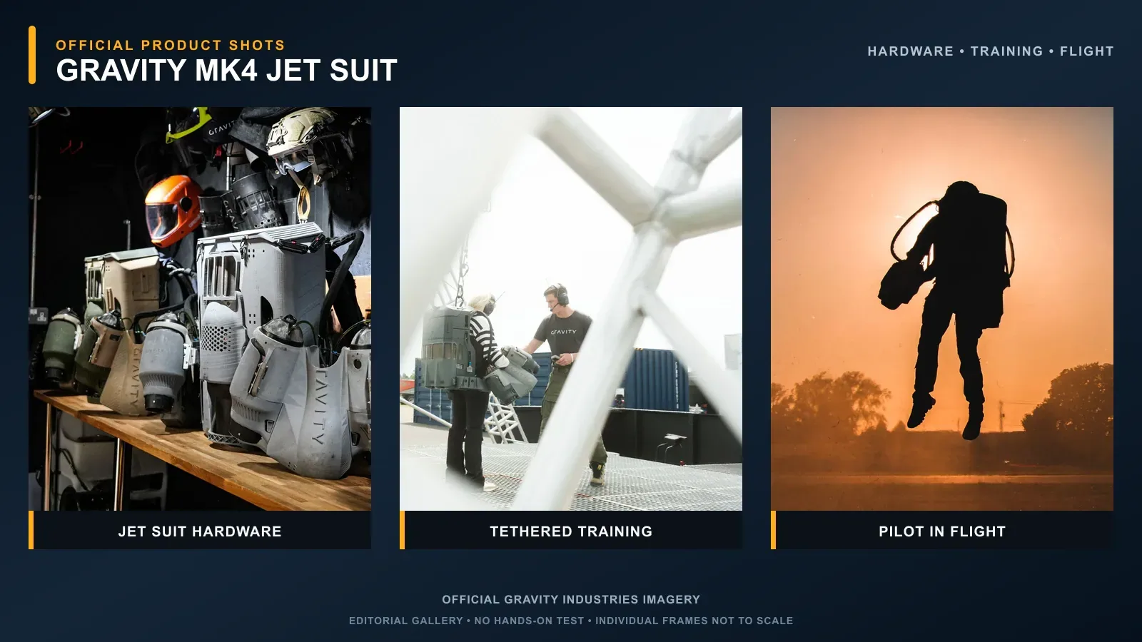 Three official Gravity Industries views showing Jet Suit hardware, tethered training, and a pilot in flight.