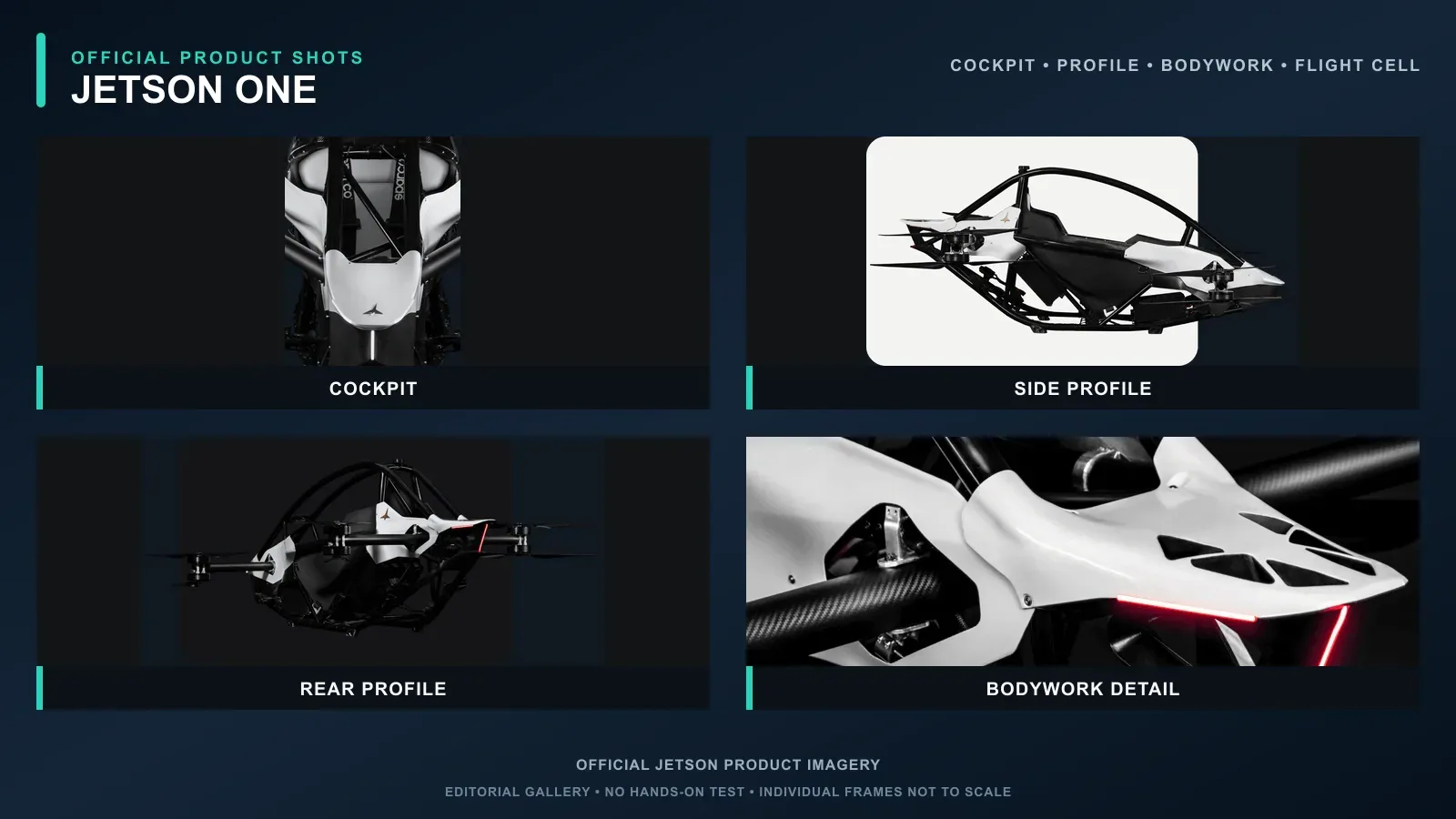Four official Jetson ONE product views showing the cockpit, side profile, rear profile, and bodywork.