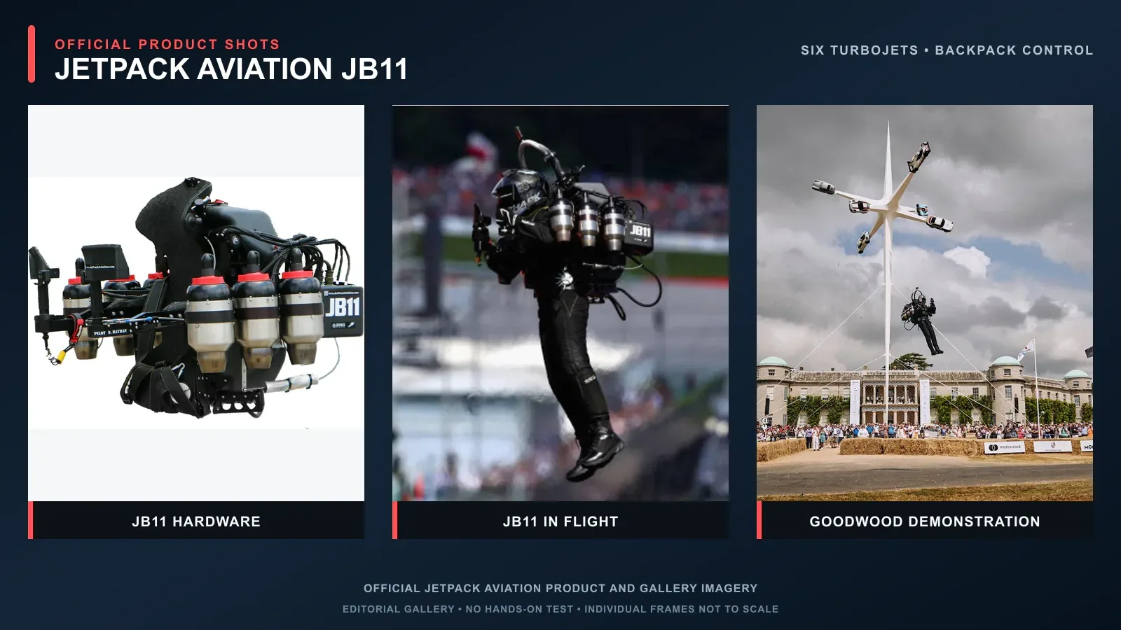 Three official JetPack Aviation views showing the JB11 hardware and two demonstration flights.