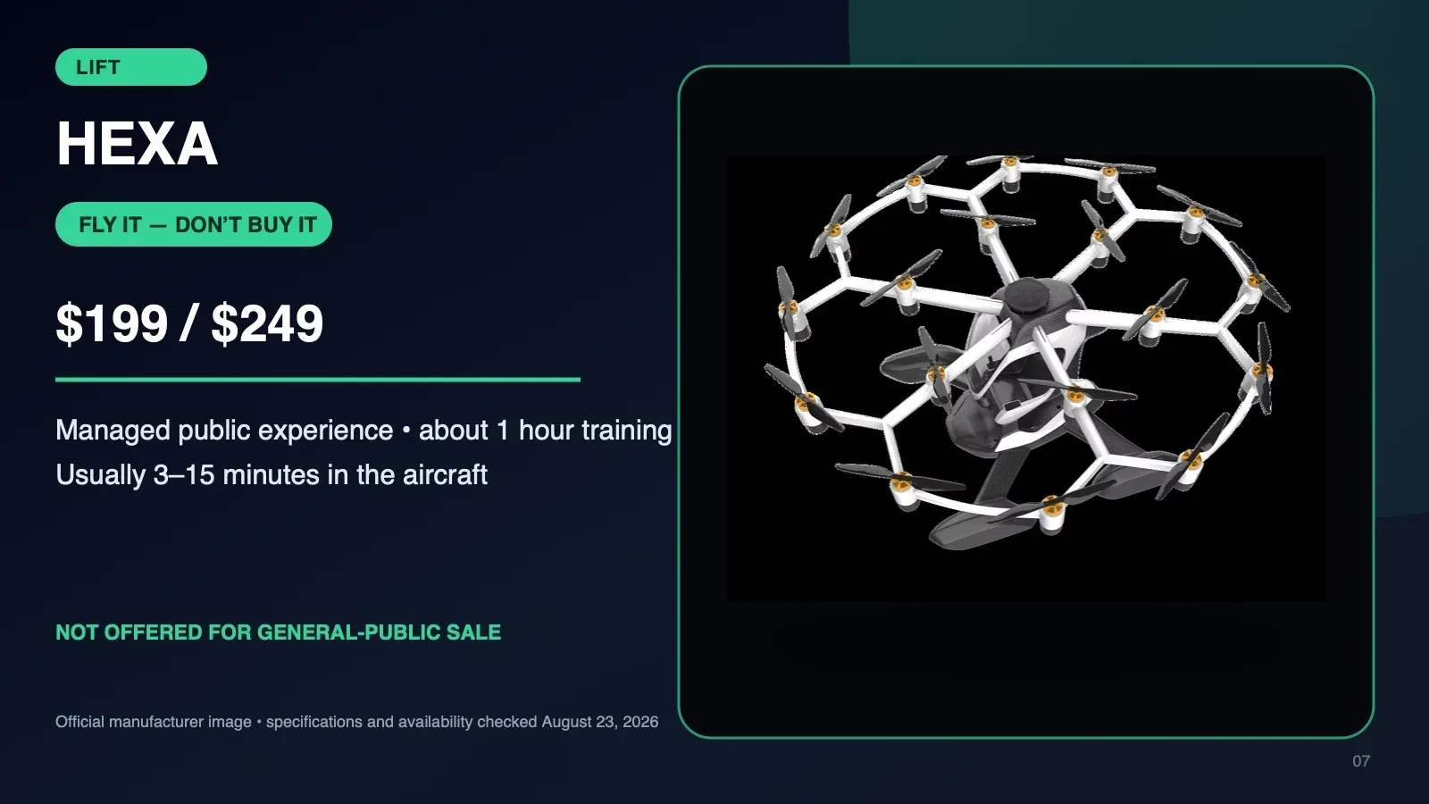 Official LIFT HEXA aircraft image beside its managed public-flight prices, training time, and no-general-public-sale status.