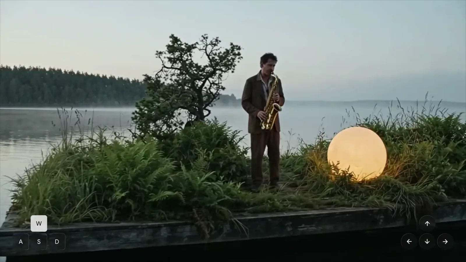 Official Genie 4 demo frame showing a saxophone player on a planted floating platform, a glowing sphere, and keyboard navigation indicators.