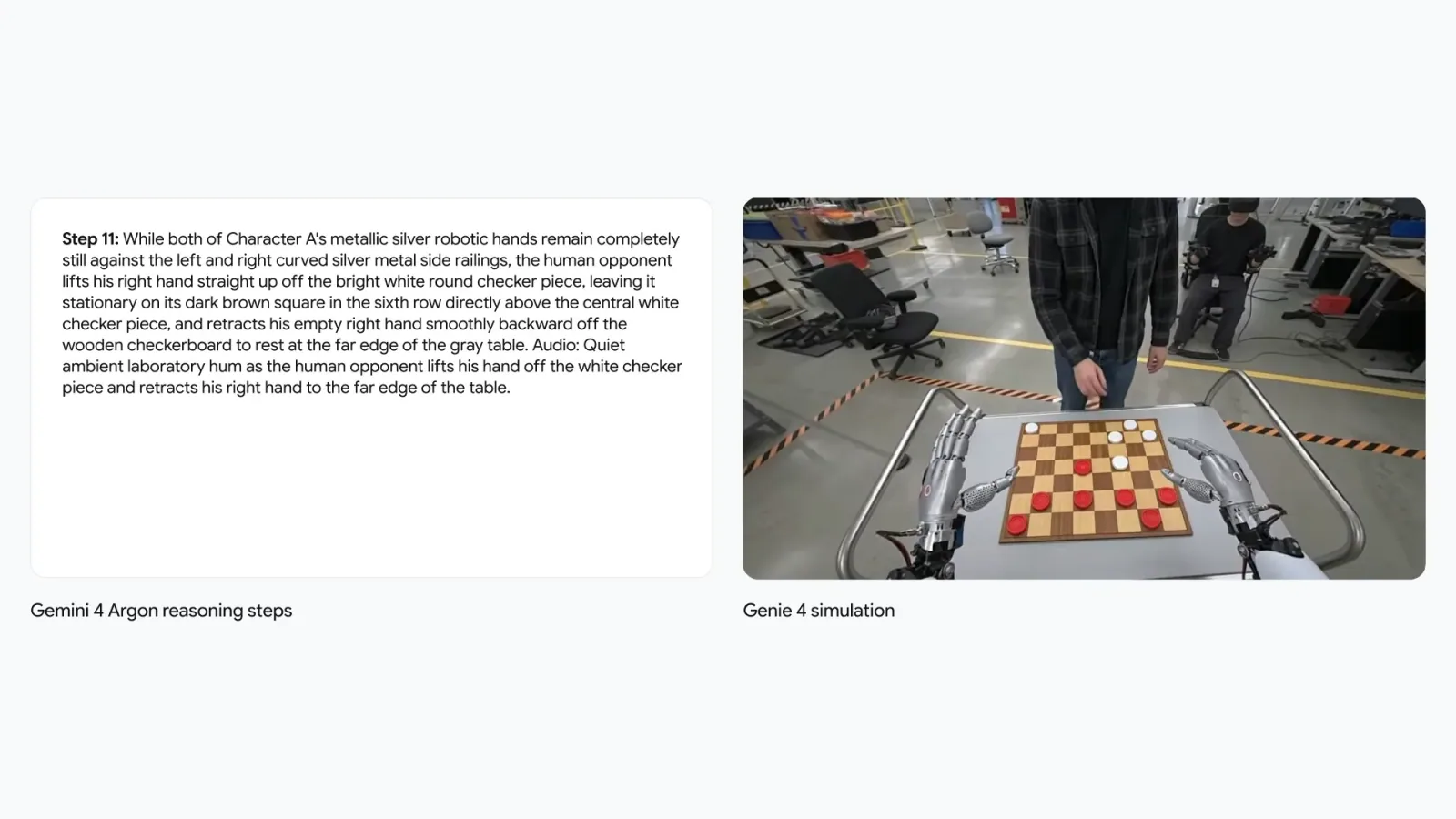 Official side-by-side demo with Gemini 4 Argon reasoning text on the left and a Genie 4 simulated robot view of a checkerboard on the right.