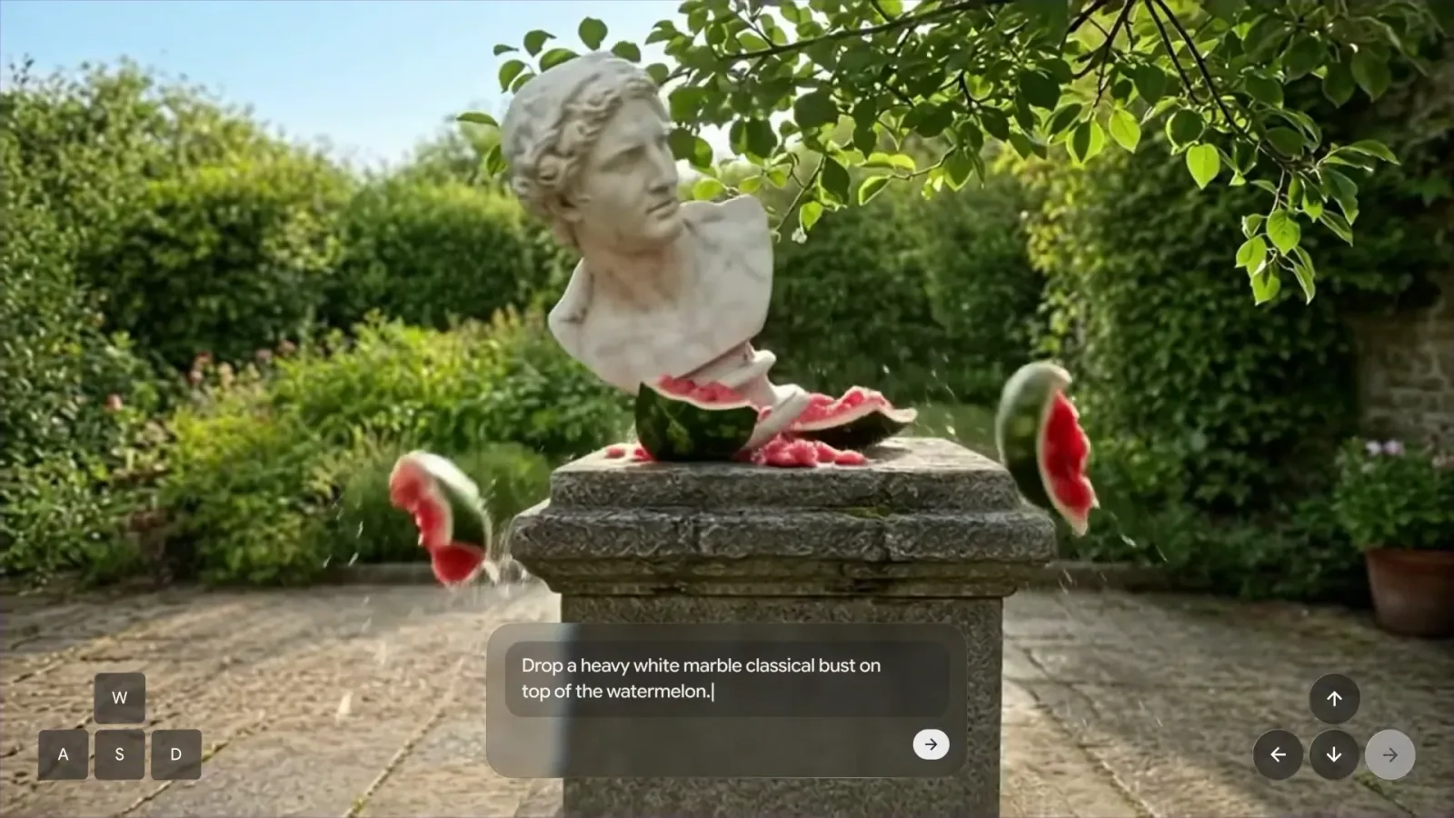 Official Genie 4 screenshot of a marble bust hitting a watermelon on a stone plinth, with the live text instruction visible.