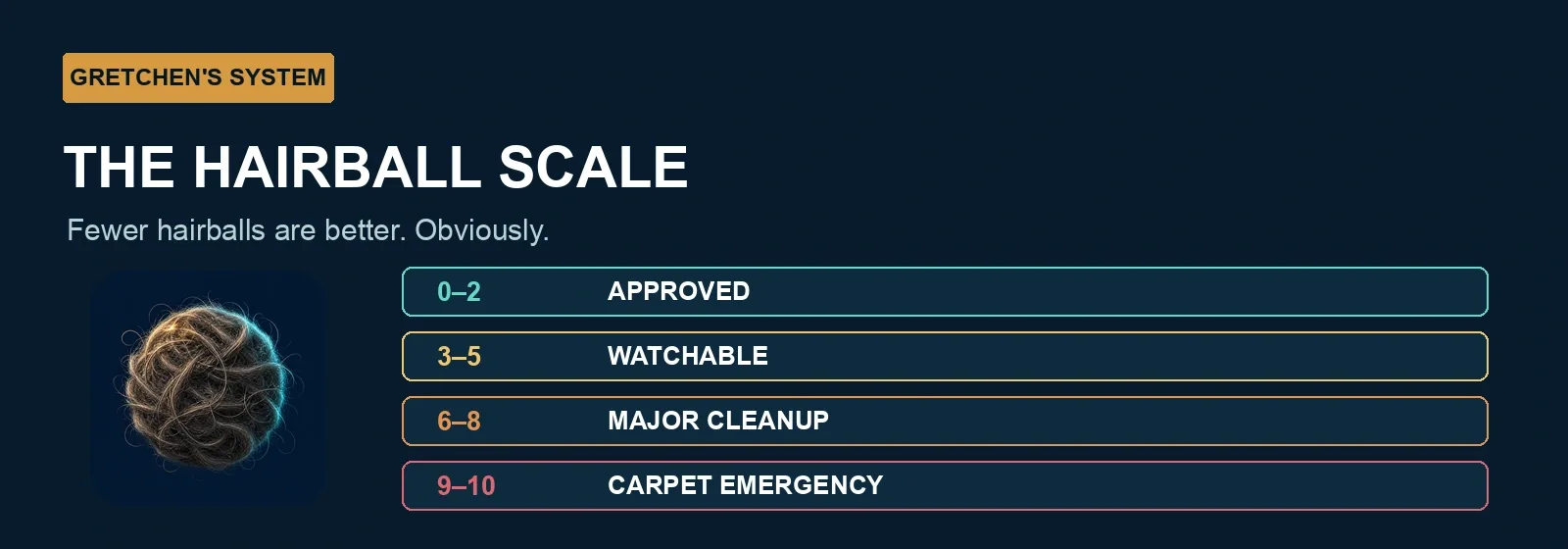 Gretchen's hairball scale, from zero to ten hairballs
