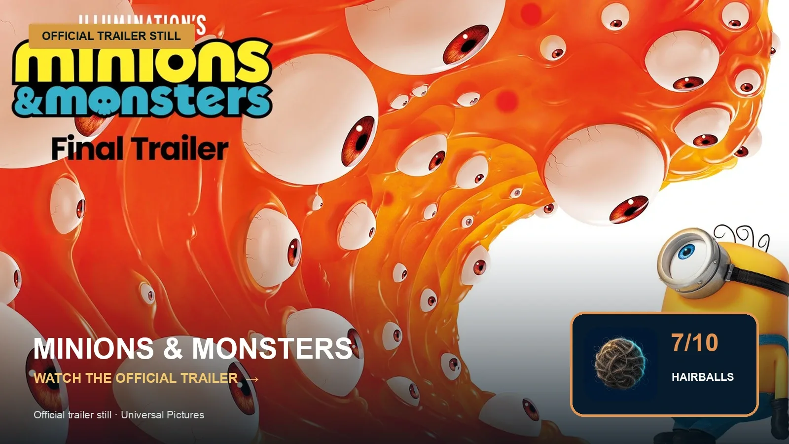 Official trailer still for Minions and Monsters with Gretchen's 7-out-of-10 hairball rating