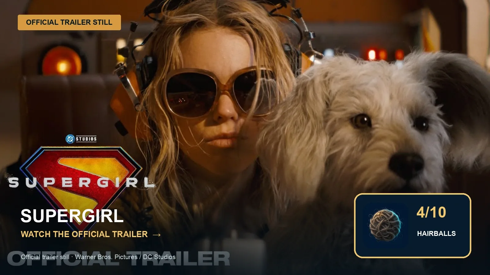 Official trailer still for Supergirl with Gretchen's 4-out-of-10 hairball rating