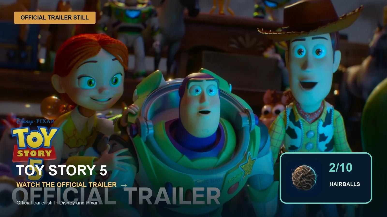 Official trailer still for Toy Story 5 with Gretchen's 2-out-of-10 hairball rating