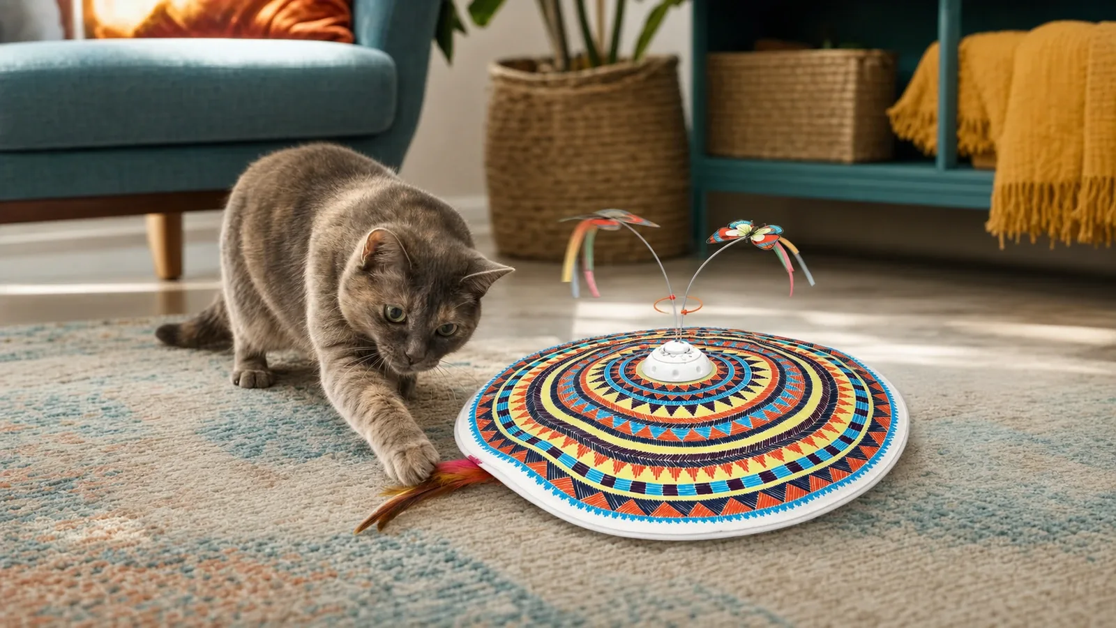 Gretchen swatting the hidden feather beside a patterned Potaroma 3-in-1 toy