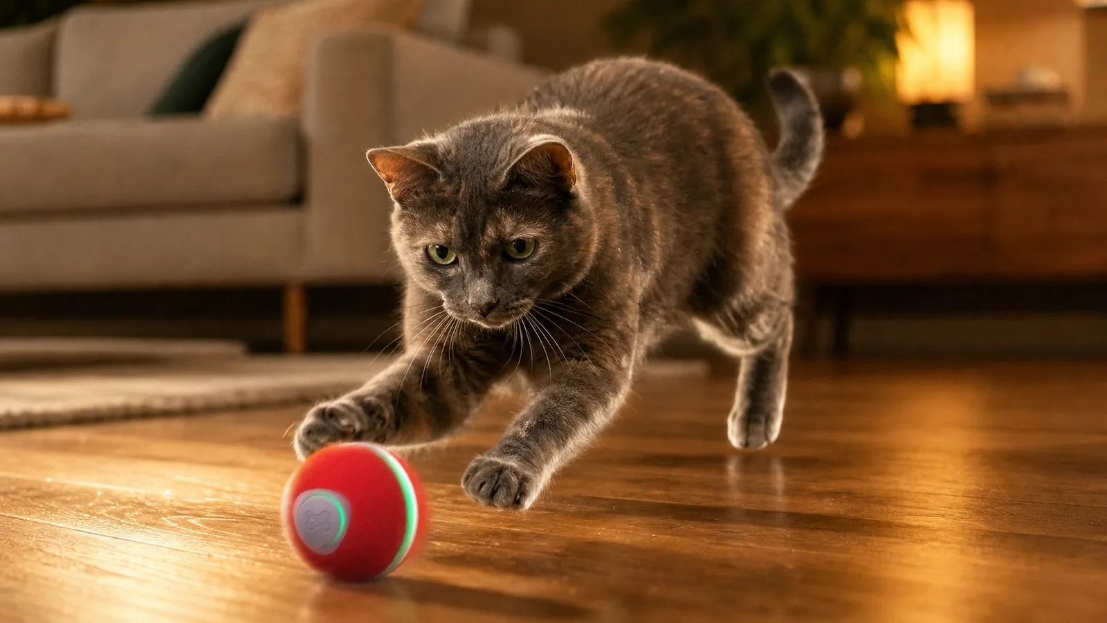 Gretchen pouncing after a red Cheerble Wicked Ball M3 on a wood floor