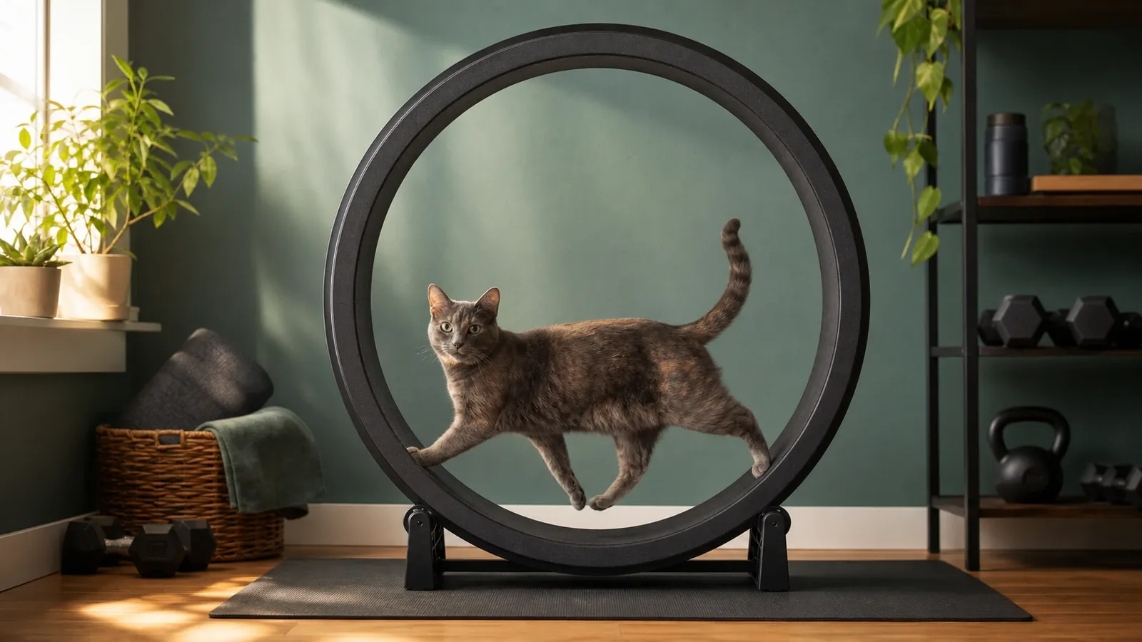 Gretchen jogging inside a large black One Fast Cat exercise wheel