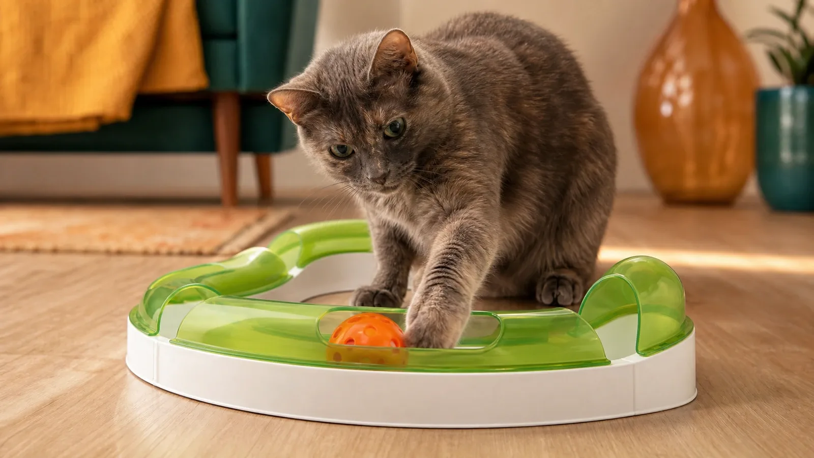 Gretchen reaching into a green-and-white Catit Senses circuit to tap the ball