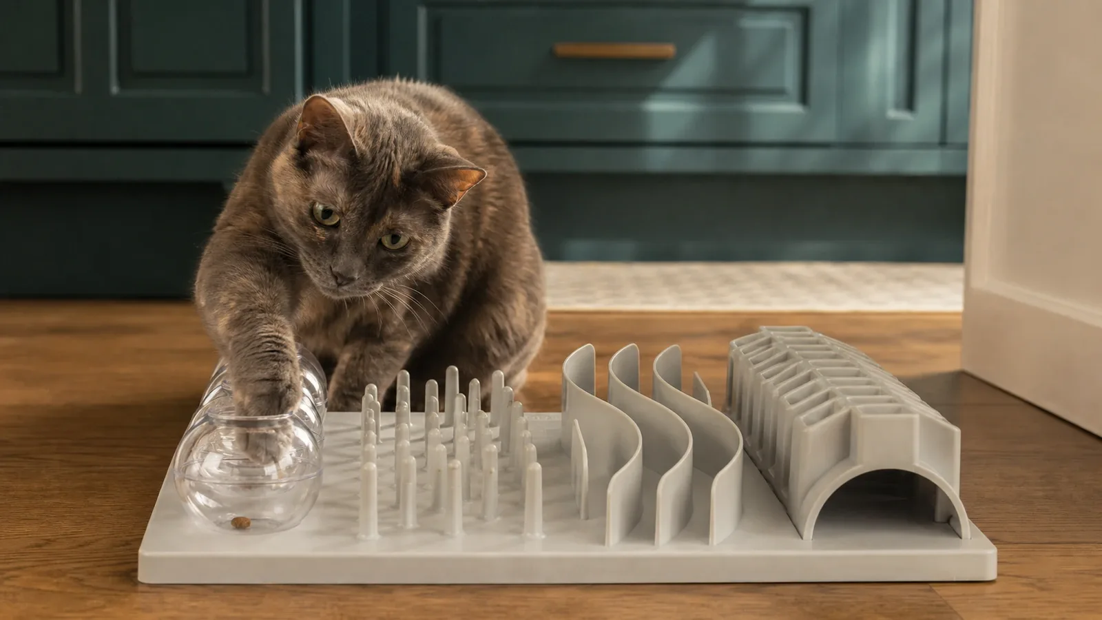 Gretchen reaching into a clear compartment on the white TRIXIE Cat Activity Fun Board