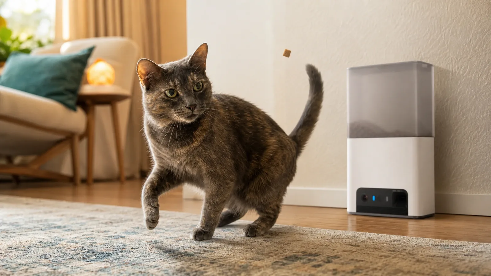 Gretchen tracking a treat launched from a tall white Petcube Bites 2 Lite dispenser