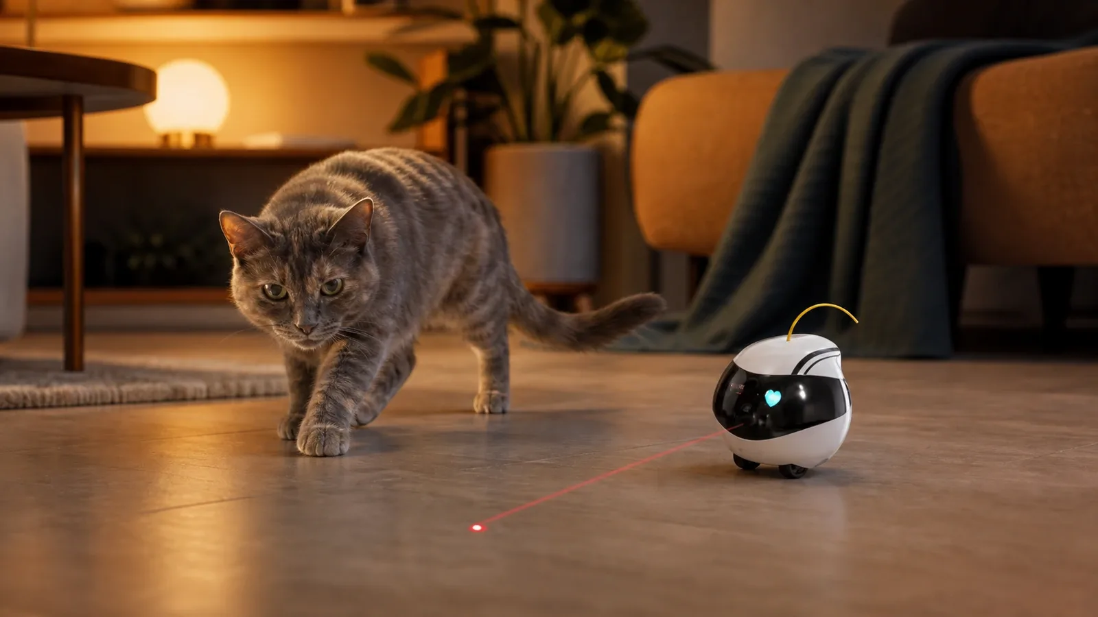 Gretchen stalking beside an Enabot EBO Air robot while watching a floor laser dot