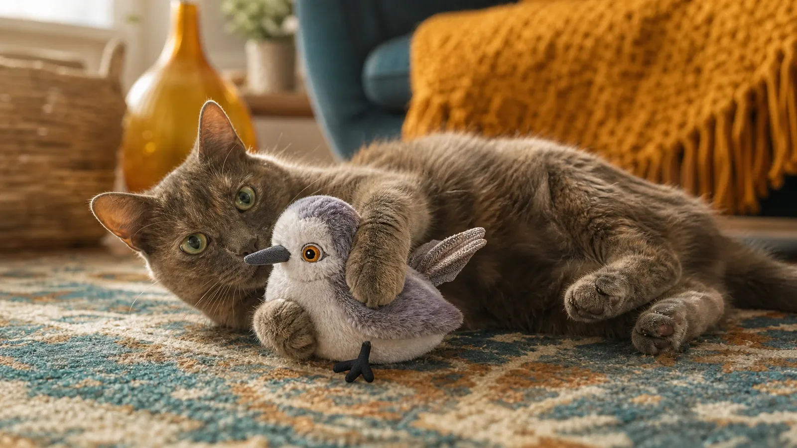 Gretchen holding a gray-and-white Potaroma Flapping Bird plush toy between her paws