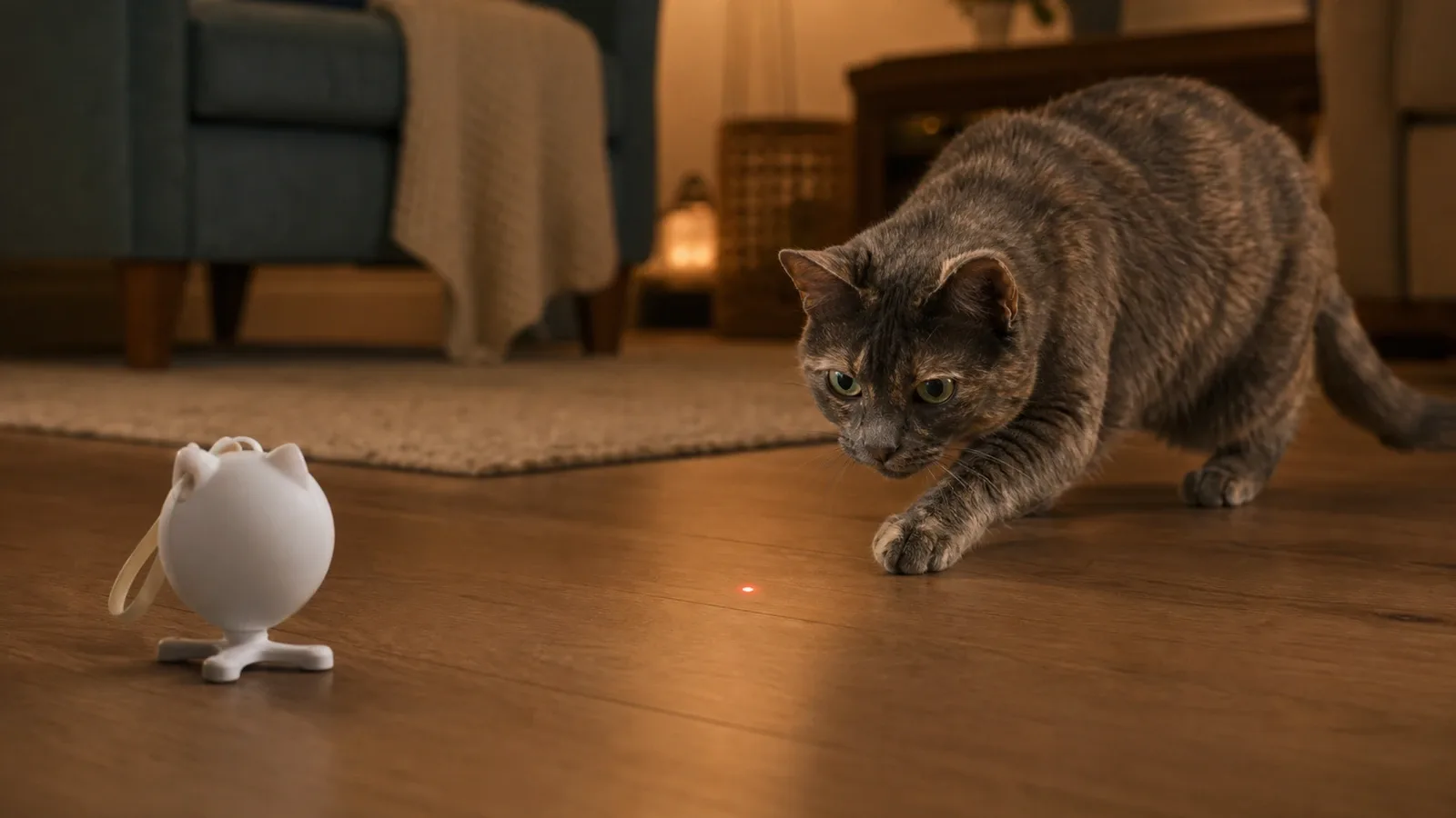 Gretchen crouching toward a floor laser dot from a white cat-shaped PetSafe Dancing Dot device