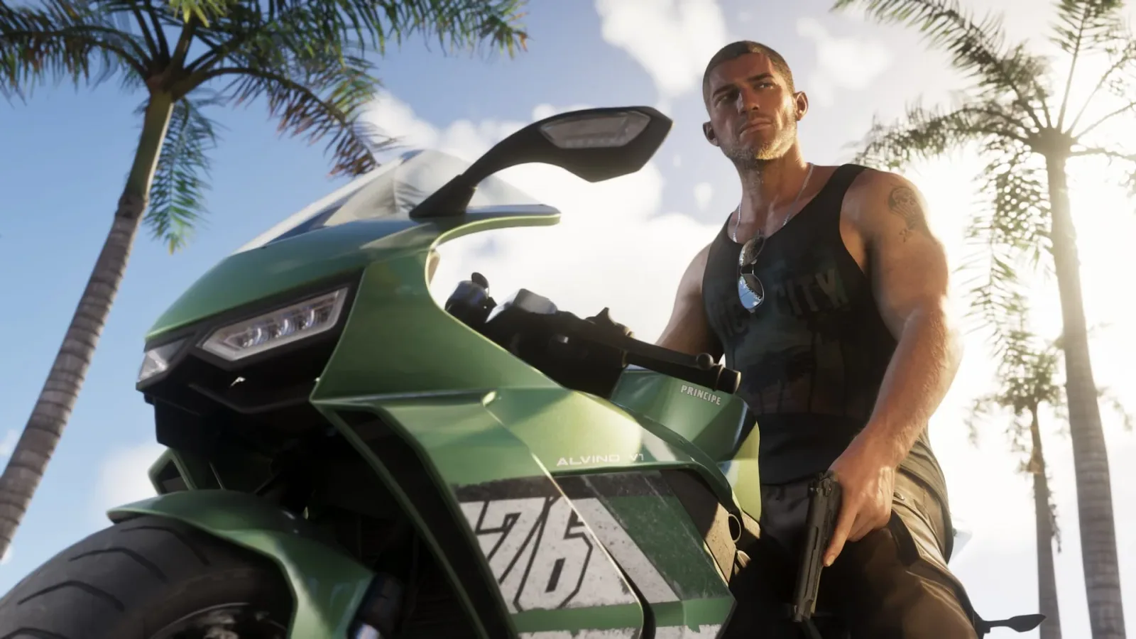 Released Rockstar GTA VI screenshot of Jason Duval standing beside a green motorcycle under palm trees.