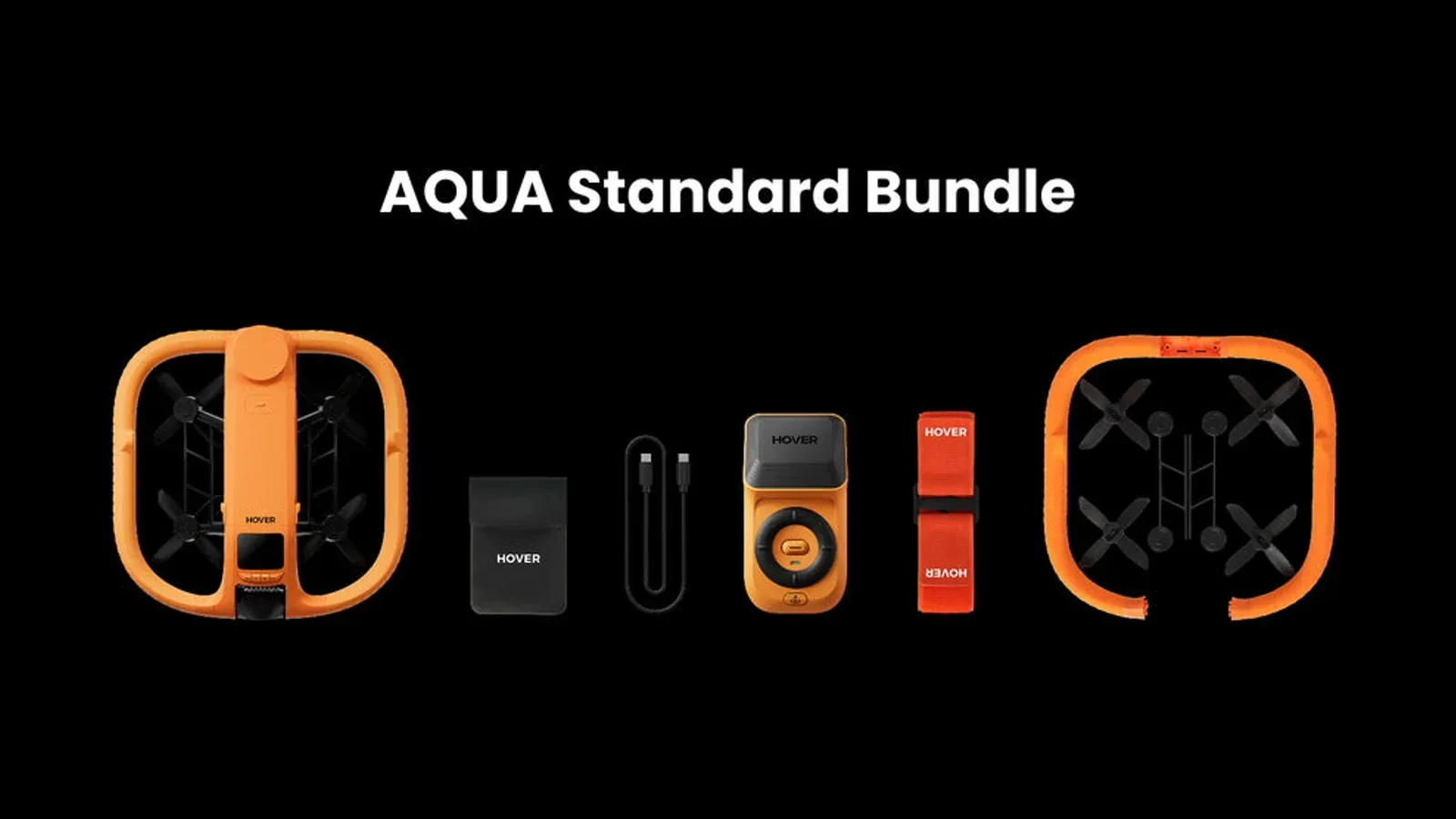 The official HOVERAir AQUA Standard bundle, including the orange AQUA, Lighthouse controller, armband, cable, repair kit, and battery bag.