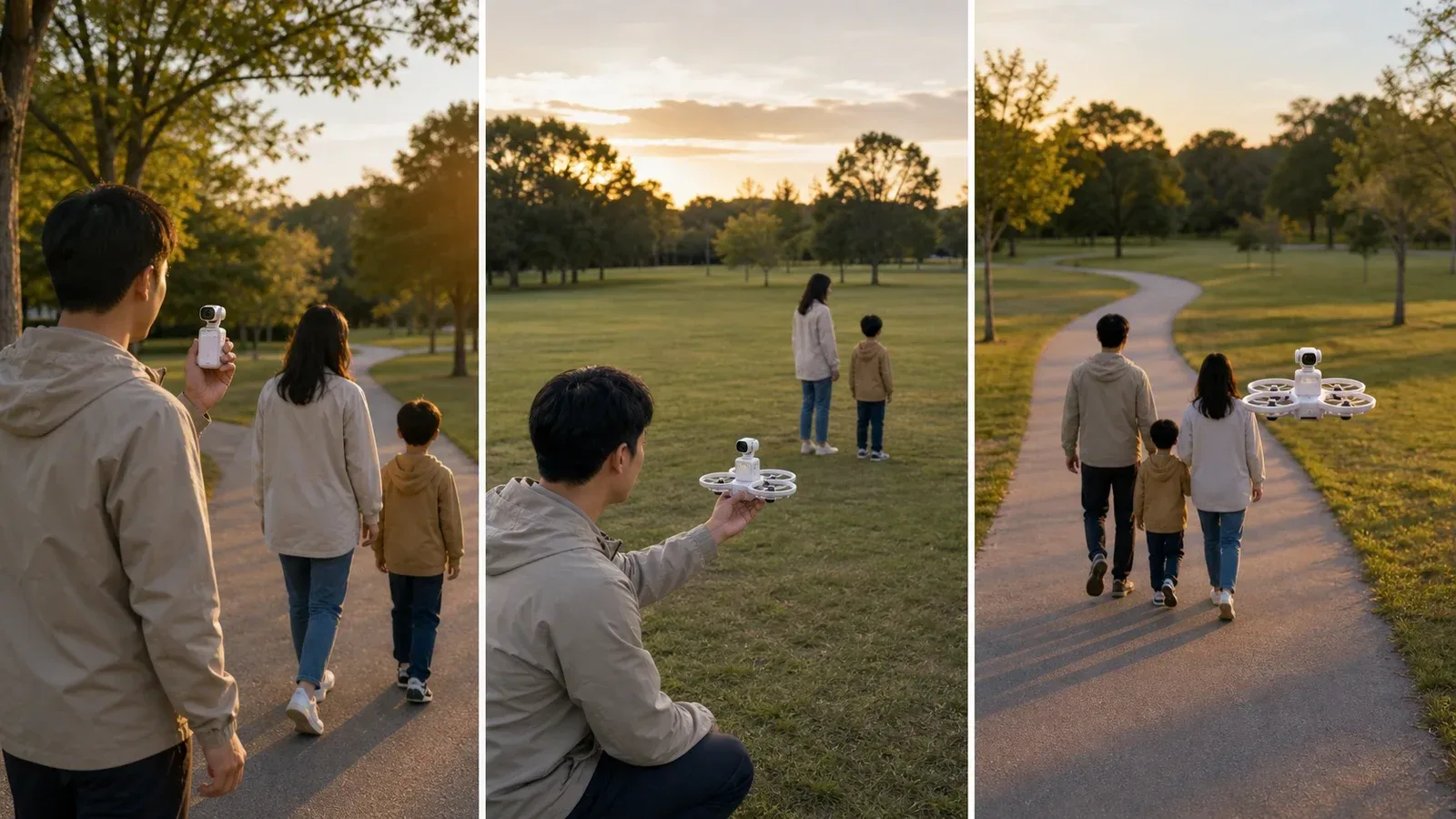 A three-panel editorial park storyboard showing an adult recording a family with a handheld pocket camera, attaching the camera to an enclosed-propeller flight frame in a clear grassy area, and capturing a third-person follow shot from behind.