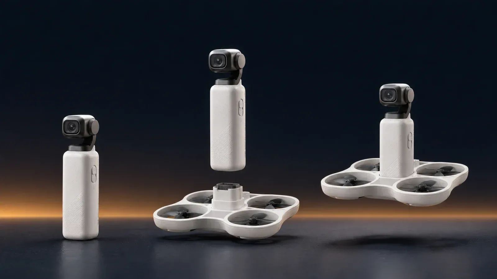 An editorial three-stage rendering of a white modular pocket gimbal camera standing alone, aligning with an enclosed-propeller flight frame, and hovering after attachment.