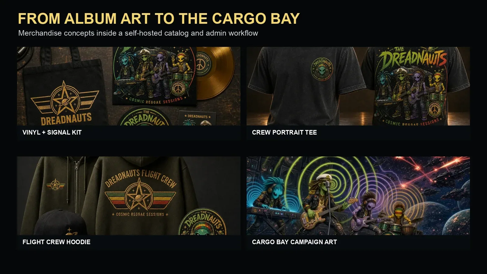 Dreadnauts merchandise concepts including a vinyl kit, crew apparel, and cargo-bay campaign art.