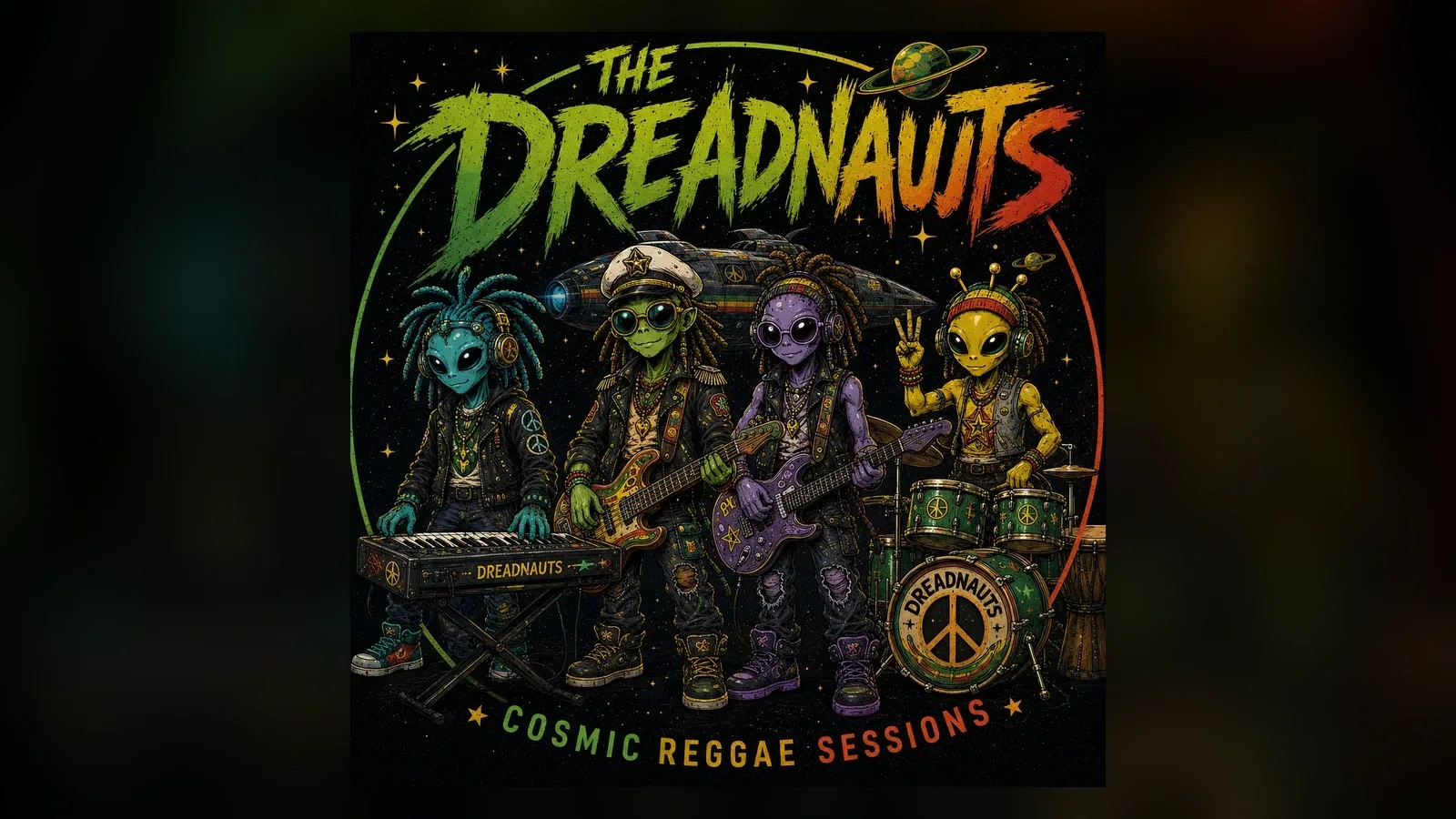 The official Cosmic Reggae Sessions album artwork showing Jahri, Zion, Lux, and Pax together as The Dreadnauts.