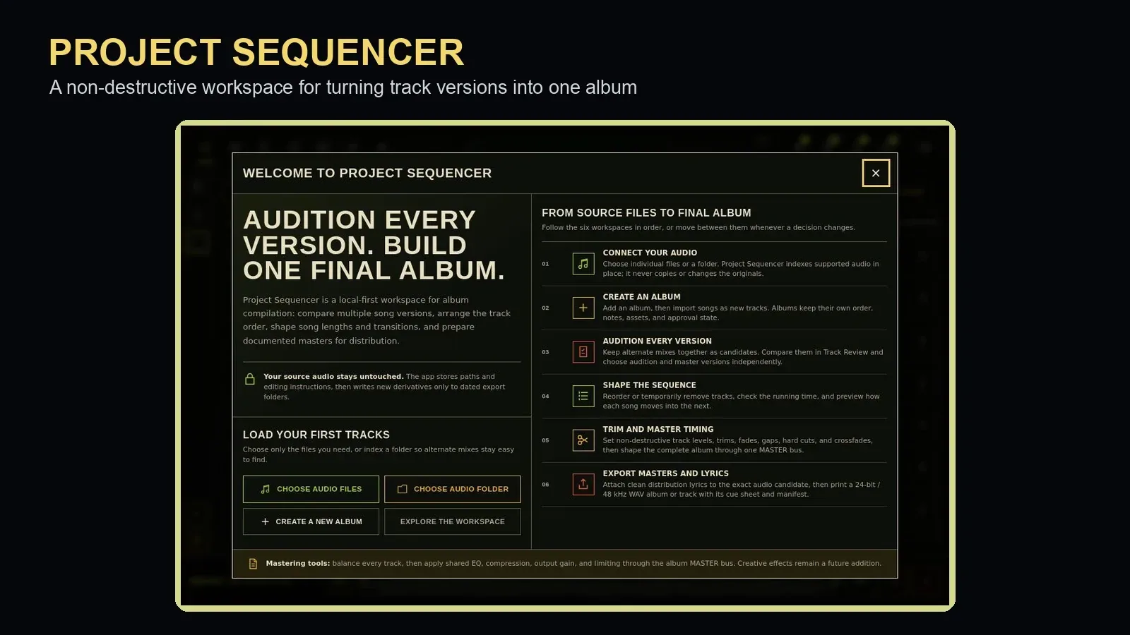 The Project Sequencer welcome screen showing the path from source versions and album order to timing, masters, and lyrics.