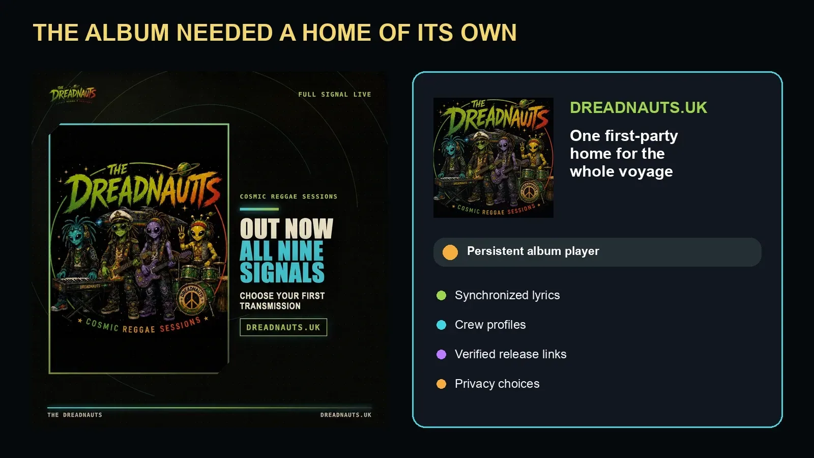 A release and website collage built from official Cosmic Reggae Sessions campaign art, album imagery, and the first-party site features.