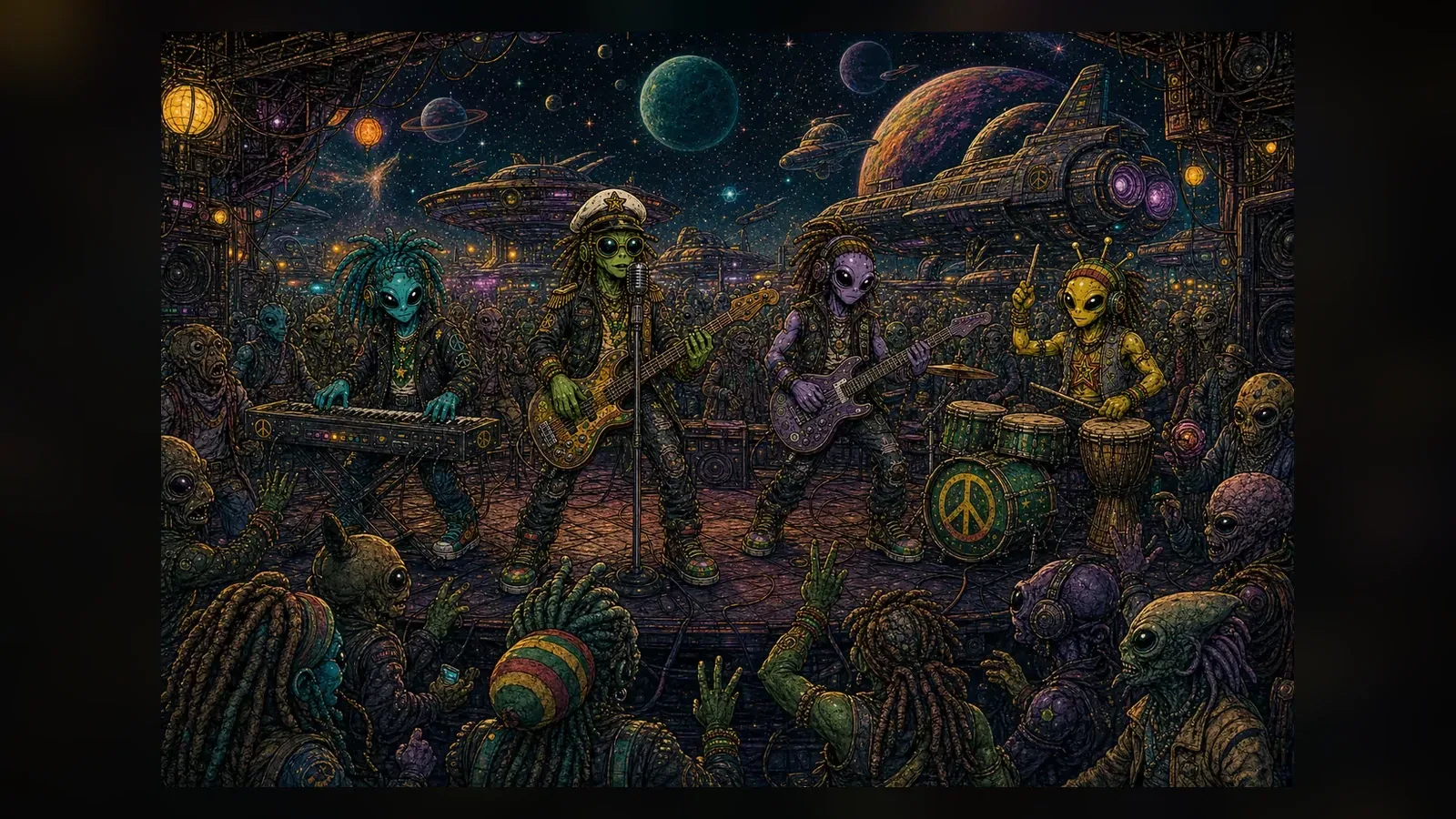 Official Dreadnauts campaign art showing the four-member band performing together at a crowded cosmic spaceport.