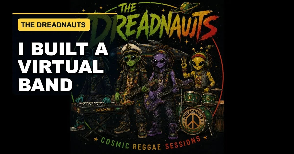 The official Cosmic Reggae Sessions album artwork showing Jahri, Zion, Lux, and Pax together as The Dreadnauts.