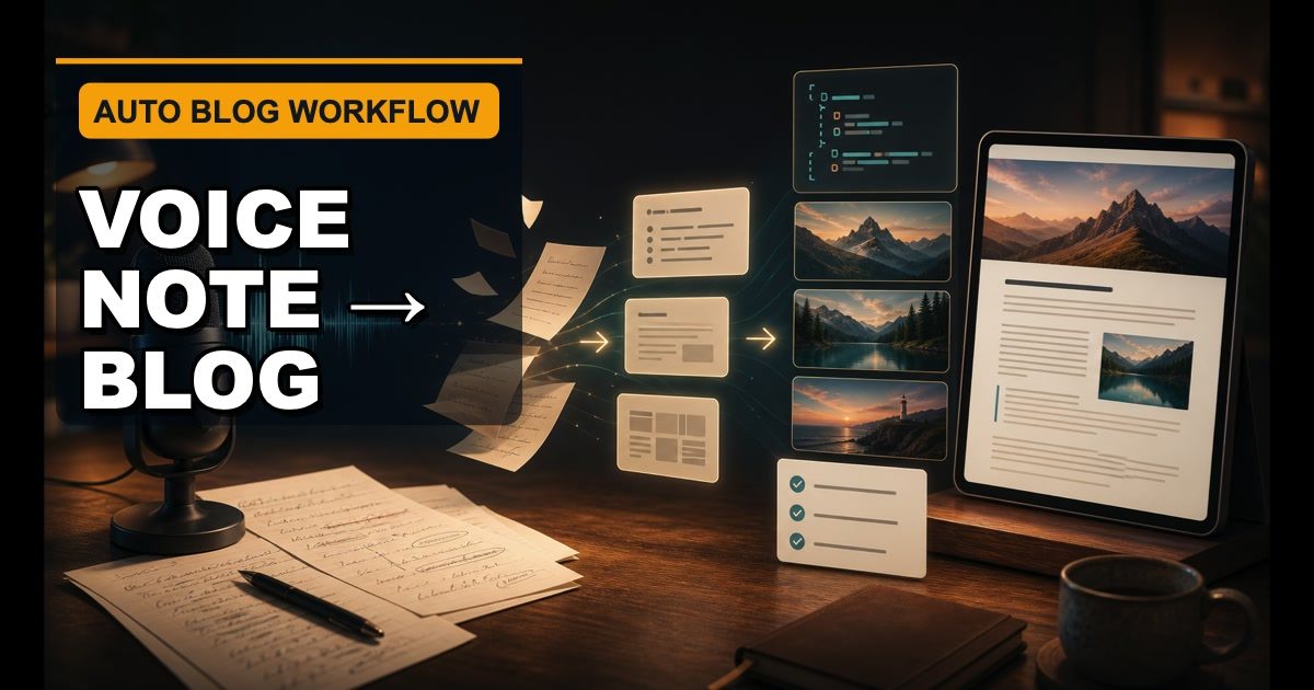 A seven-stage Auto Blog workflow from dictation through people-first review, Editor.js packaging, images, SEO checks, and human approval.