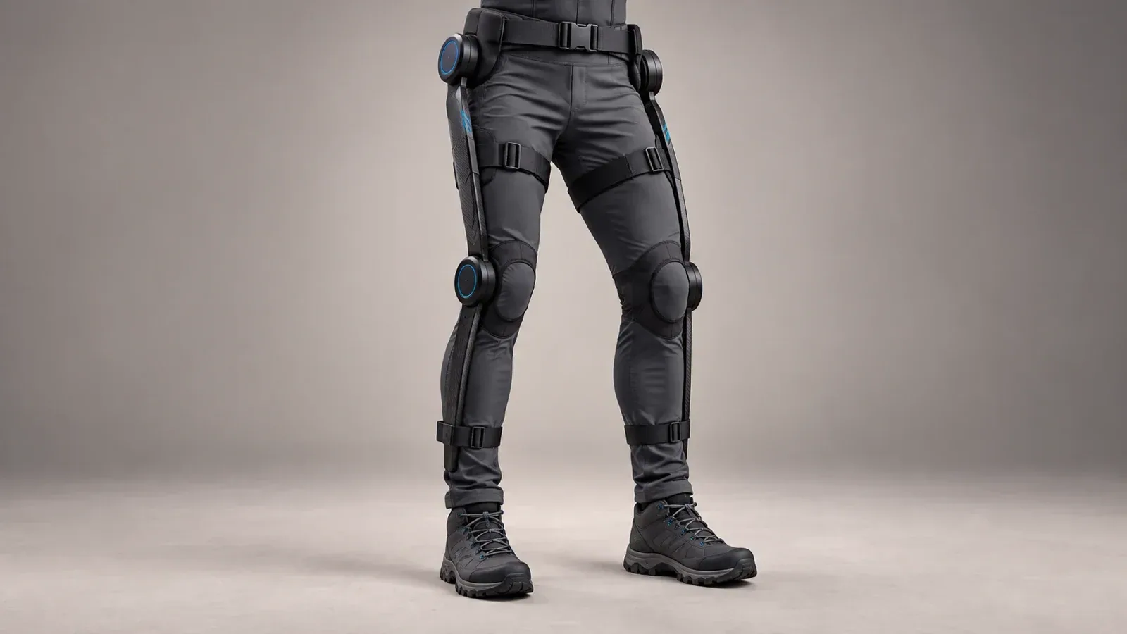 Original editorial studio rendering showing where a full-leg consumer exoskeleton sits over hiking pants