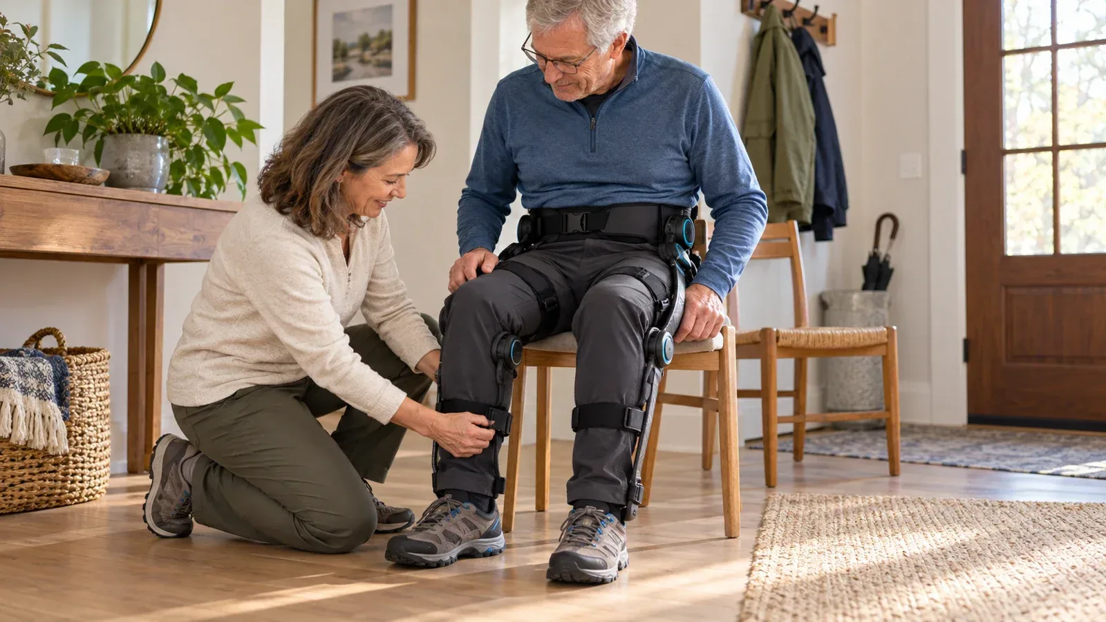 Original editorial rendering of an older adult seated safely while a companion checks an exoskeleton strap over ordinary clothing