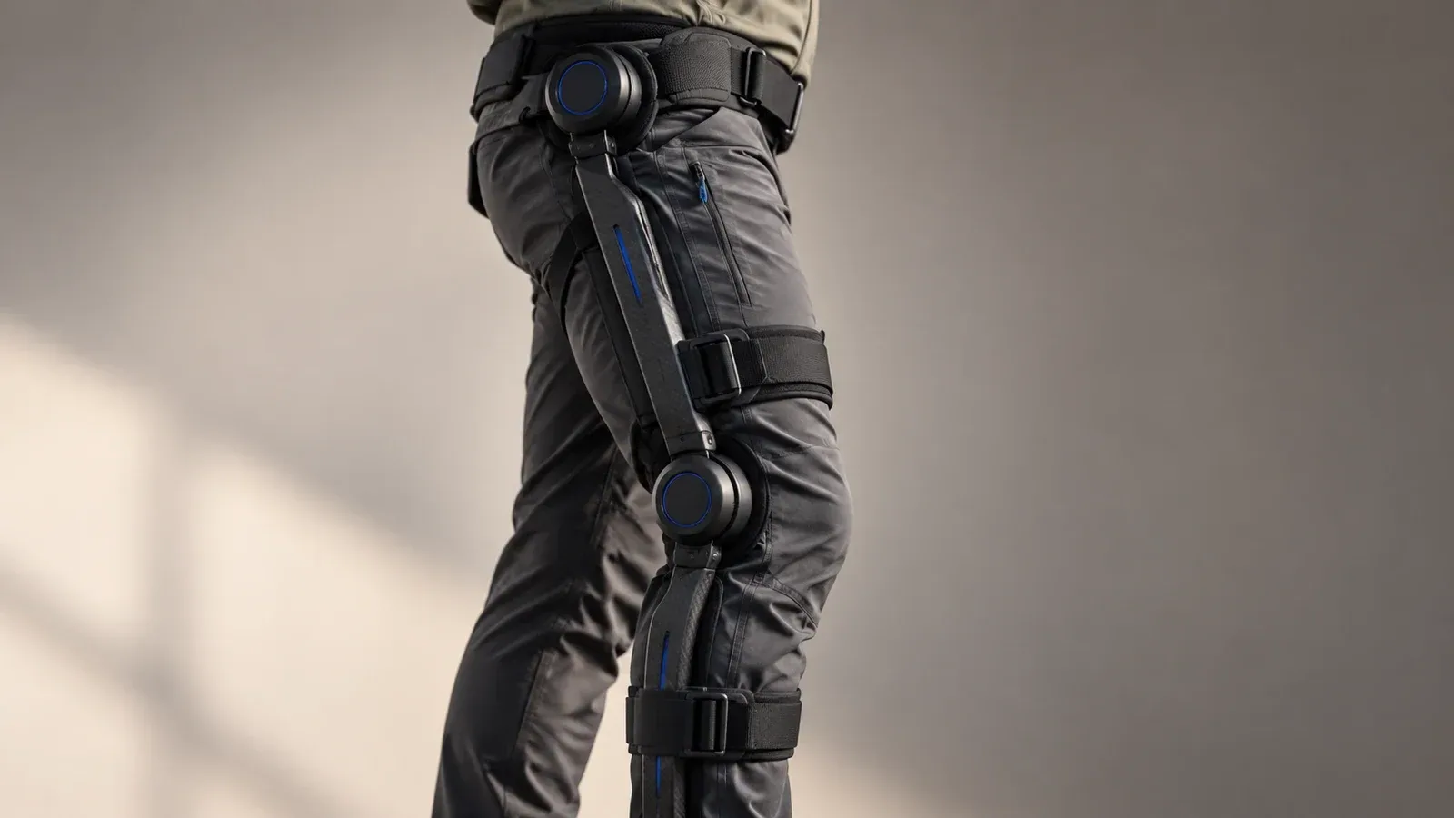 Original editorial detail rendering of a hip motor, thigh rail, strap, knee motor, and lower-leg rail worn over clothing