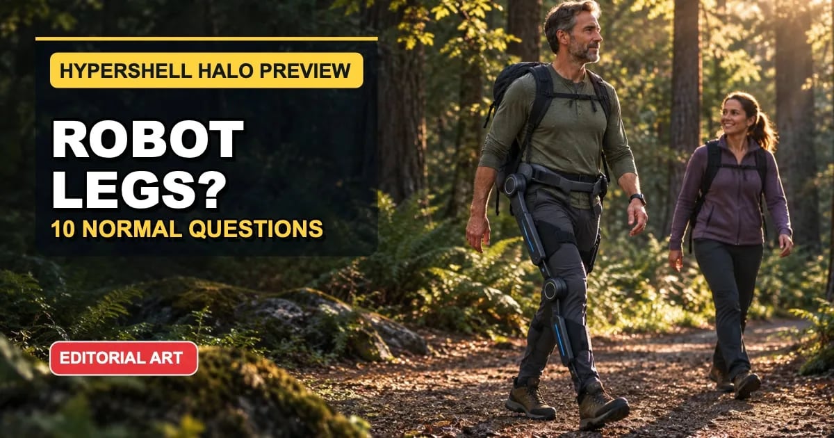 Original editorial studio rendering showing where a full-leg consumer exoskeleton sits over hiking pants